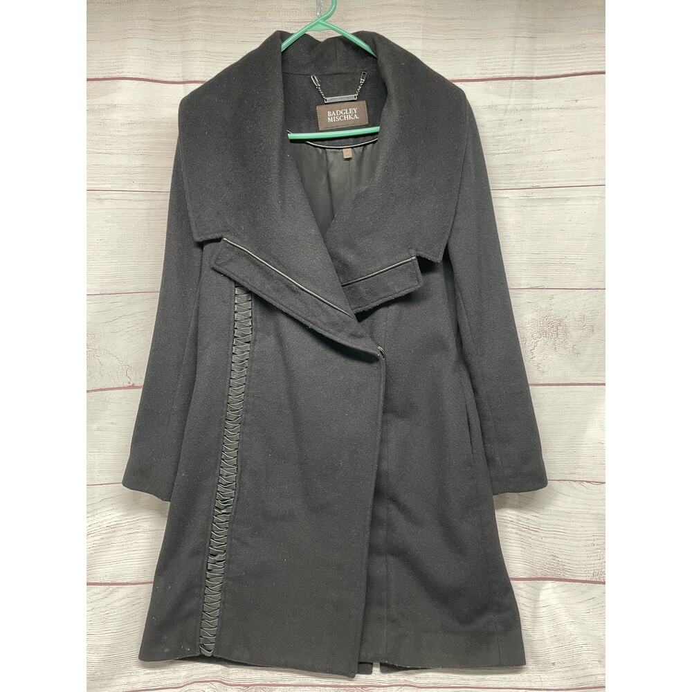 Badgley Mischka Black Wool Cashmere Coat Leather Ruffle Asymmetrical Zip Small